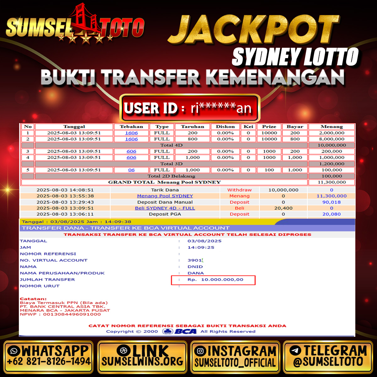 SUMSELTOTO JACKPOT SYDNEY LOTTO Rp.10,000,000.,- LUNAS